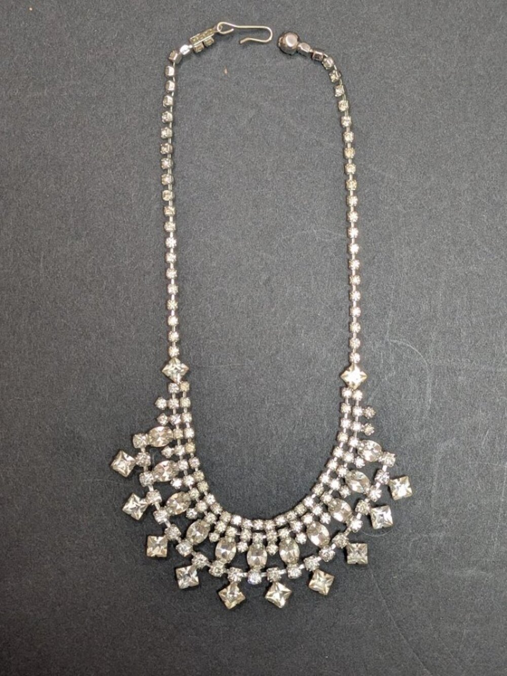 Vintage Rhinestone Statement Necklace Clear Crystal Fringe Bib 1950s 1960s